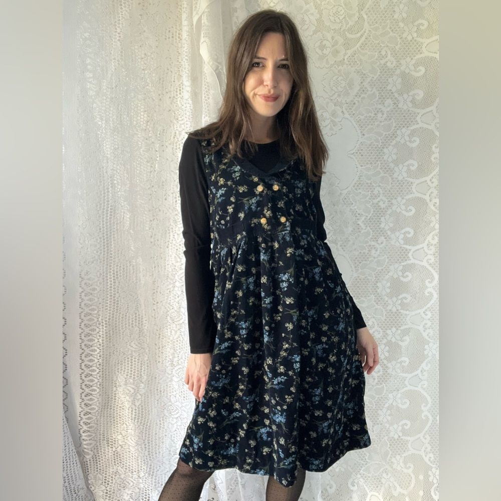 Vintage 90s Floral Corduroy Button Front Dress Navy Blue Cottagecore Size M